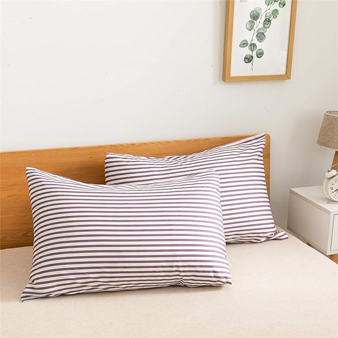 JELLYMONI 100% Natural Cotton 3pcs Striped Duvet Cover Sets,White Duvet Cover with Purple Stripes Pattern Printed Comforter Cover,with Zipper Closure & Corner Ties(Full Size)