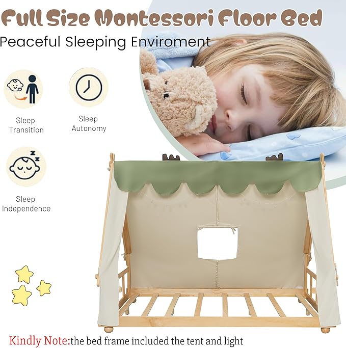 Montessori Floor Bed Full with Tent & Light, Wood Full House Beds for Kids, DIY Playhouse, Low-Profile Teepee Bed, Playful Indoor Adventure & Sleep for Girls Boys,Natural+White