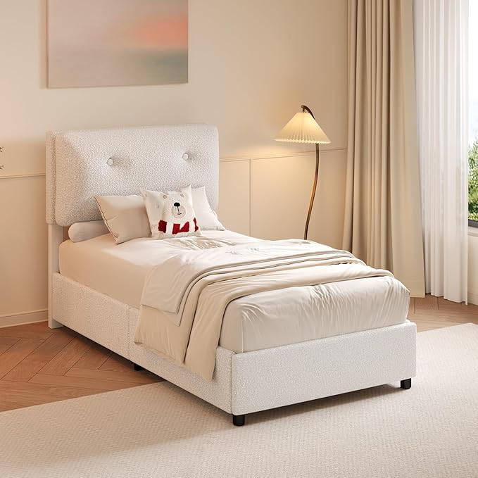 Twin Size Bed Frame, Cloud Boucle Upholstered Bed Frame with Headboard, Twin Bed Frames for Kids, Adjustable Headboard, No Box Spring Needed, Easy Assembly, White