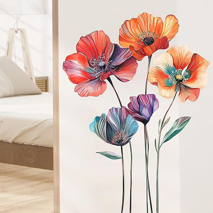 Large Vinyl Floral Wall Decals Peel and Stick Sunset Coral Flower Murals for Girls Bedroom Living Room Pillow