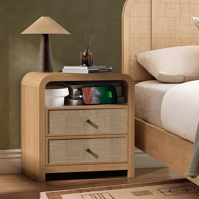 Oak&Sparrow 2 Drawer Tall Dresser for Bedroom, 23.6'' Rattan Dresser with Ample Storage, Boho Chest of Drawers, Thickened Curved Profile Design, Oak Dressers for Bedroom, Living Room