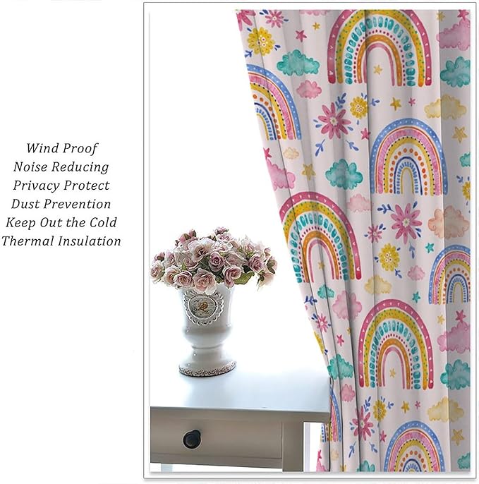 Kids Rainbow Curtains Boho Cartoon Colorful Stars Pink Lovely Rainbow Abstract Art Pattern Print Window Drapes for Bedroom Living Room Kitchen Decor,2 Panel Set,63x72 Inch Blackout