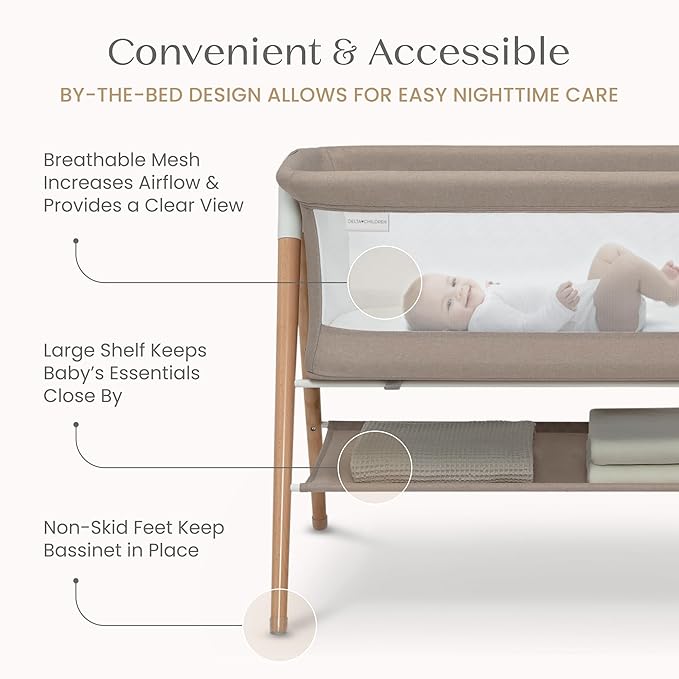 Delta Children Bondi Beechwood by The Bed Bassinet with PureAir Breathable Mesh Sheet and FSC-Certified Wood, Tan