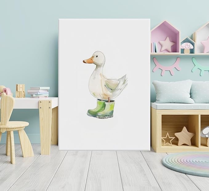 3Pcs Baby Animal Nursery Wall Art Funny Green Rain Gear Duck Painting Picture Wall Decor This Set of 3 Happy Ducks Wearing Green Boots Poster Print Artwork for Kids Boys Room Bedroom Decorate,Framed