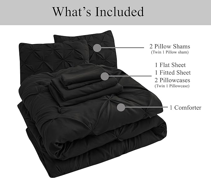 LANE LINEN Twin Comforter Set, 5 Piece Bedding Set, Pintuck Bed in a Bag, Bedding Comforter Set with Sheets, Pillowcase & Sham, Bed Set - Black