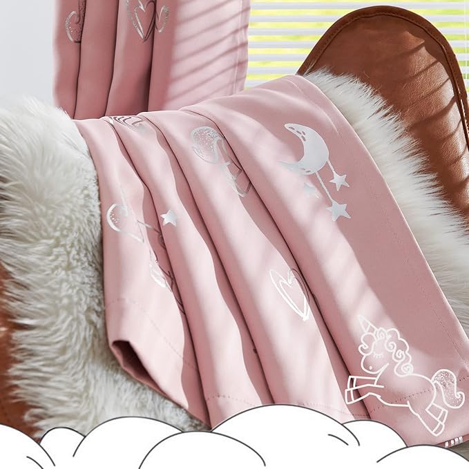 jinchan Pink Blackout Unicorn Curtains for Girls Kids Room Thermal Insulated Room Darkening Rainbow Curtains for Girls Bedroom Living Room Silver Foil Printed Grommet 84 Inch Length Pink 2 Panels