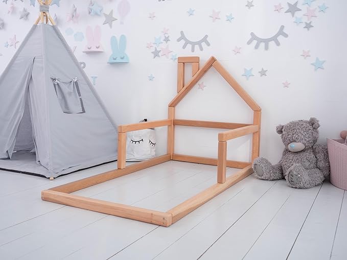 BUSY WOOD Floor Bed House Frame - Toddler Bed Montessori - Toddler House Bed Frame - Montessori Style Bed - House Bed Frame Toddler Kids - Montessori Floor Bed Twin (Model 3, Natural Tree, Floor Bed)