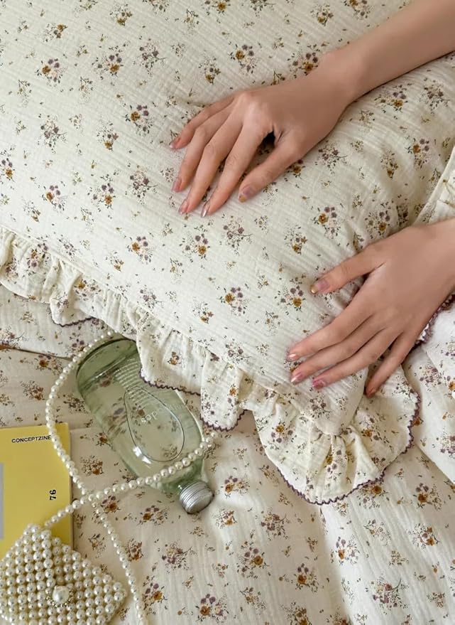 BuLuTu Cotton Muslin Pillow Case King Pillowcase Sweet Floral Design Pillowcases Enveloped Closure Vintage Ruffled Pillow Cover for Teens Adults, 20x36 inch, 1 Piece, Crapemyrtle