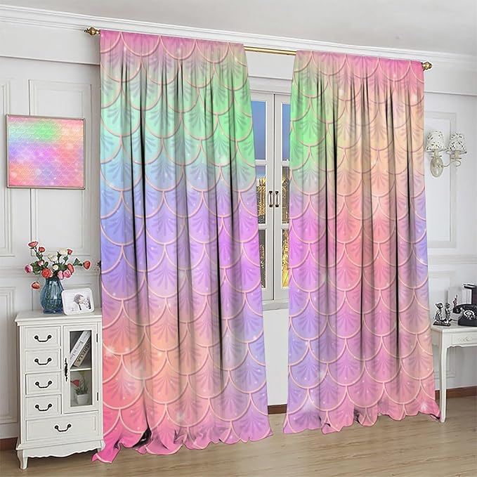 Mermaid Curtains, Kids Cartoon Watercolor Sea Animals Mermaid Princess Scales Pattern Print Living Room Decoration for Kids Girls Bedroom Nursery 72x63 Inch