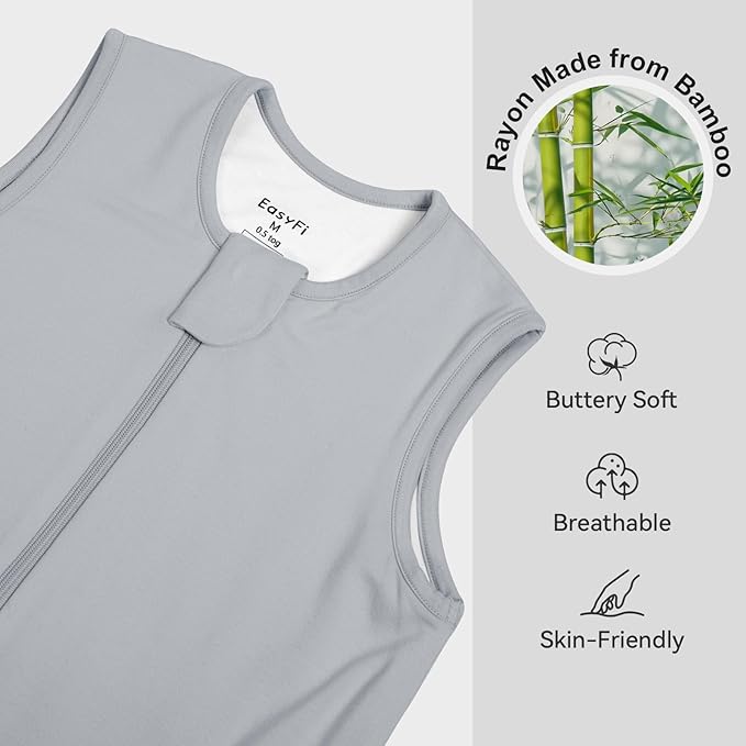 Rayon Made From Bamboo Sleep Sack 12-24 Months 0.5 Tog Ultra Soft Summer Toddler Sleep Sack 1t-2t with Feet 2-Way Zipper Lightweight Baby Sleeping Bag with Legs Thin Baby Wearable Blanket-Gray