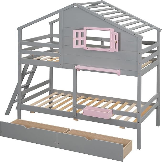 MERITLINE Twin Over Twin House Bunk Bed with Storage Drawers and Storage Box, Solid Wood Bunk Bed with Ladder,Shelf and Roof (Grey)