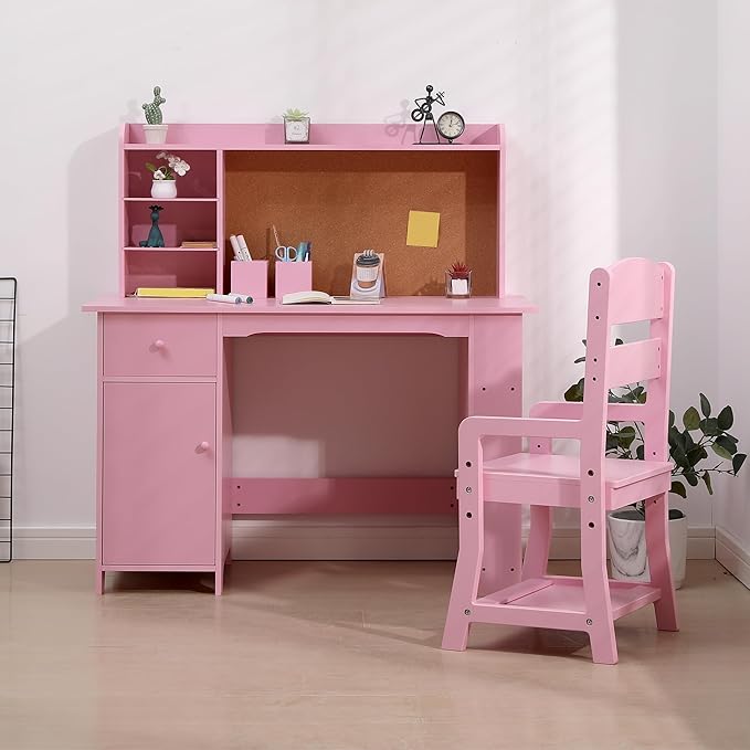 GarveeHome Kids Desk and Chair Set, Wooden Study Table with Storage Shelf, Bulletin Board, Children School Learning Desk Set, Writing Table for Boys and Girls, Pink