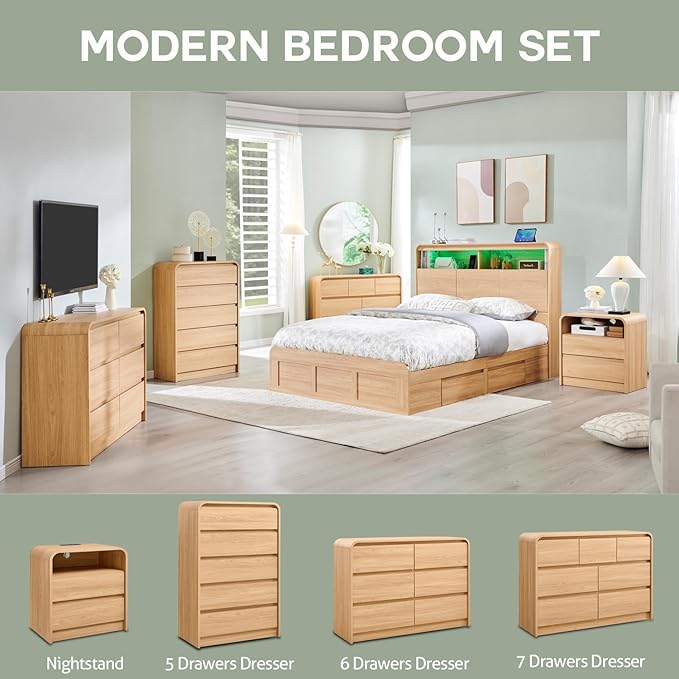 Modern 7 Drawers Dresser for Bedroom, 47" Wide Wood Dressers & Chests of Drawers w/Curved Profile Design, Mid Century Modern Dresser w/Natural Texture for Bedroom, Living Room, Natural Oak