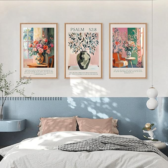 FWIEXA Christian Bible Verse Canvas Wall Art Set, Boho Scripture Floral Wall Decor, Colorful Jesus Religious Painting Artwork, Modern Flower Shop Prints, 3 Piece 16"x24" Art for Living Room, Bedroom, Women, Rustic Farmhouse