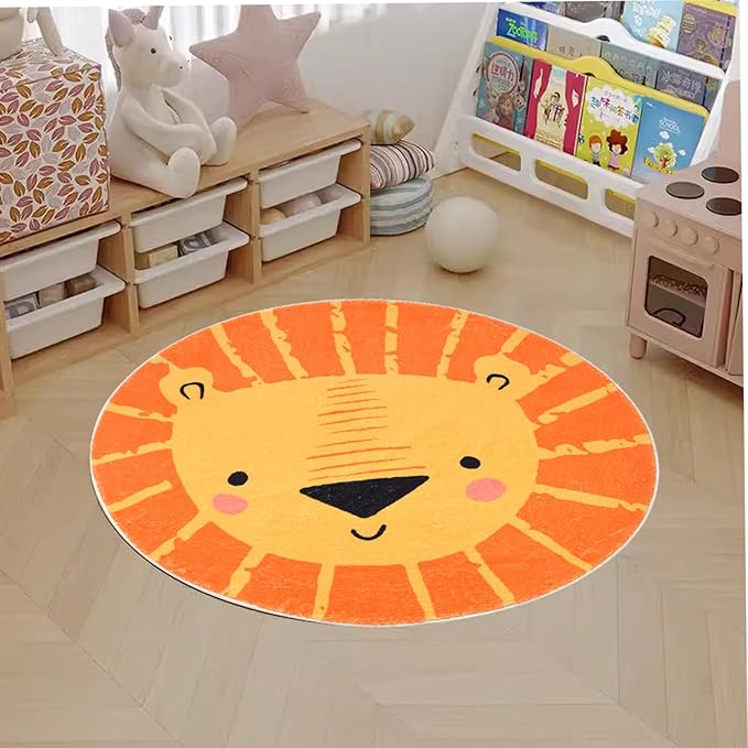 ABREEZE Kids Play Rug, 2.6ft Lion Round Area Rug, Soft Plush Non-Slip Carpet for Bedroom, Living Room, Playroom, Orange