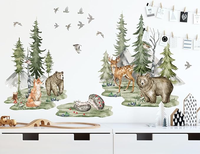 Large Jungle Animals Wall Decals Forest Tree Wall Decal Peel and Stick Woodland Bear Fox Deer Wall Stickers Giant Mountain Art for Bedroom Nursery Room BM6052-ZL