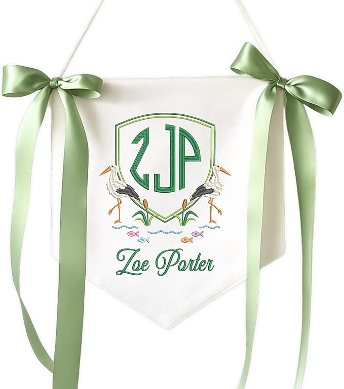 Embroidered Baby Name Sign with Bows Personalized Baby Announcement Sign Newborn Baby Banner Baby Hospital Name Sign Canvas Hanging Pennant Flag Custom Infant Baby Name Baby Shower Banner (04)