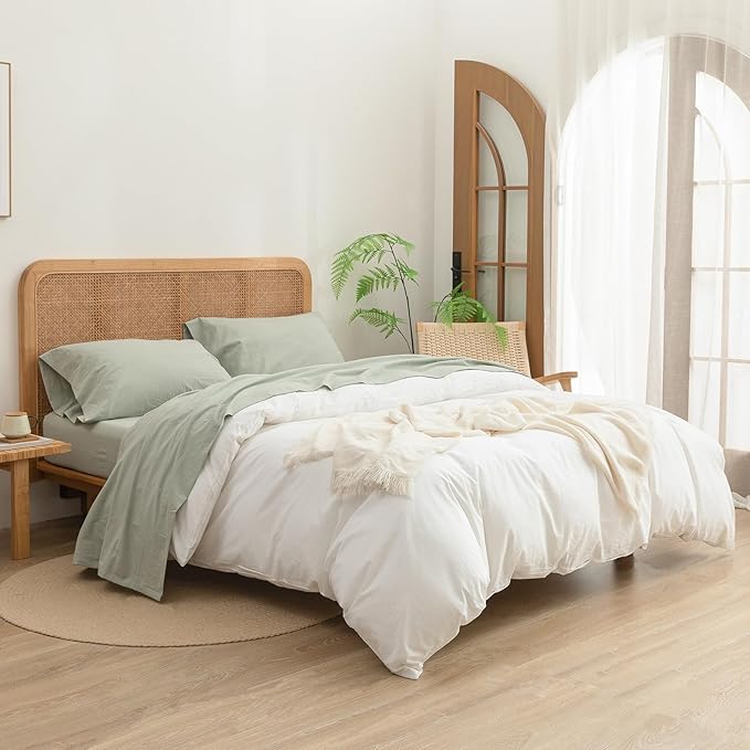 BESTOUCH Sheet Set 100% Washed Cotton Linen Feel Super Soft Comfortable Chic Lightweight 4 Pcs Home Bedding Set Solid Sage Green Full