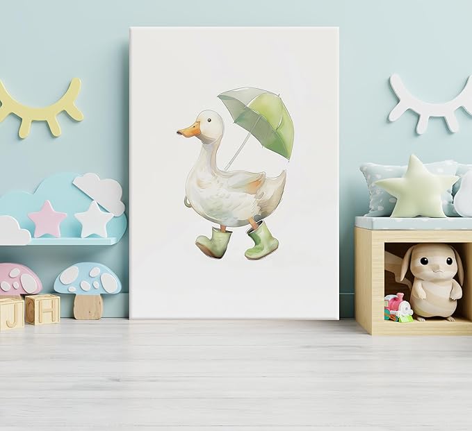 3Pcs Baby Animal Nursery Wall Art Funny Green Rain Gear Duck Painting Picture Wall Decor This Set of 3 Happy Ducks Wearing Green Boots Poster Print Artwork for Kids Boys Room Bedroom Decorate,Framed