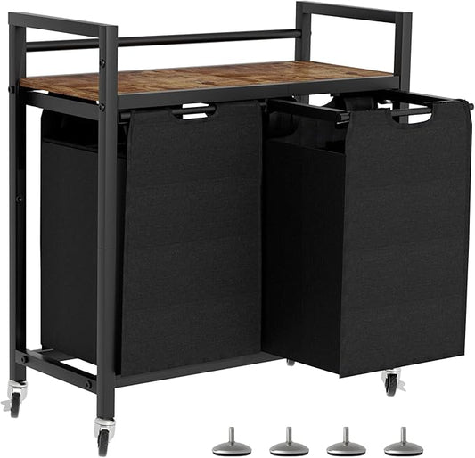 Laundry Hamper, Laundry Basket, Laundry Sorter with 2 Removable Bags, Clothes Basket with 2 Compartments, Wheels, Shelf for Laundry Room Bathroom Bedroom (2 Bags-Black)