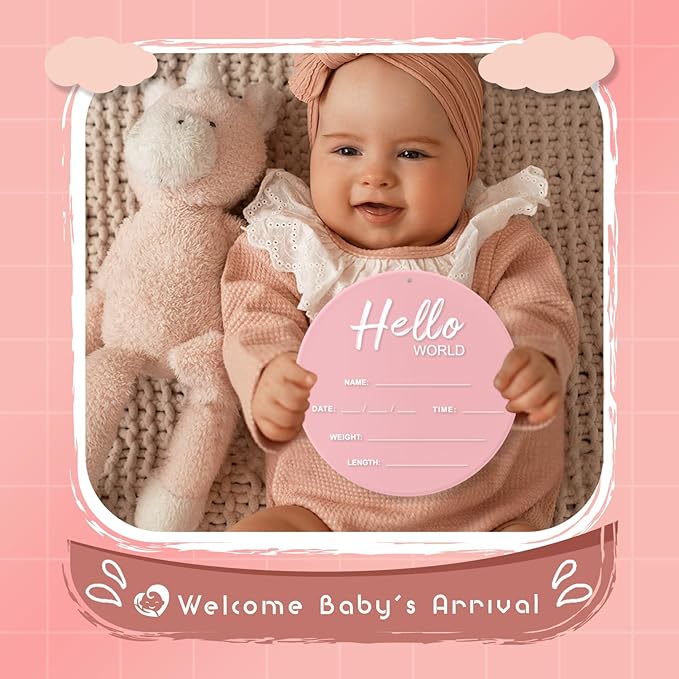 Baby Announcement Sign, 6.7 Inch Hello World Newborn Sign, Thickness Upgrade Baby Birth Sign for Nursery Hospital Newborn Photo Props Essentials (Pink)