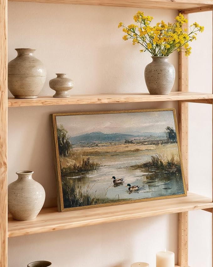ARPEOTCY Vintage Framed Canvas Wall Art, 12x16inch, Farmhouse Mallard Duck Pond Wall Decor, Country Art Prints Home Decorations, Landscape Paintings for Living Room Bedroom Shelf Decor