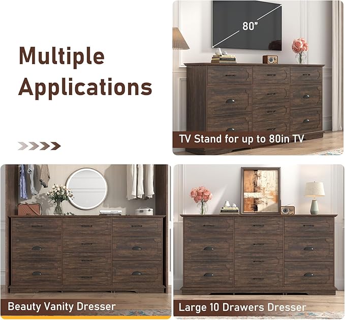 70inch Large Long Dresser w/Charging Station,10 Drawer Dresser w/Deep Big Drawers,Wooden Chest of Drawers w/Power Outlet,Brown Dressers for Bedroom,Living Room,Entryway