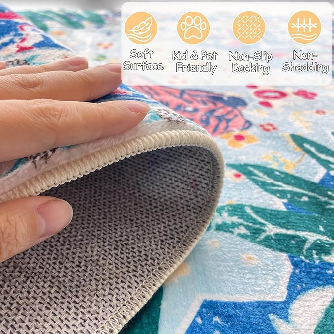 Washable Non-Slip 5x8 Blue Tiger Rug for Boys Room Bedroom Dining Room Boho Vintage Whimsical Animal Cheetah Print Jungle Rug Soft Cozy Tropical Woodland Carpet for Playroom Living Room