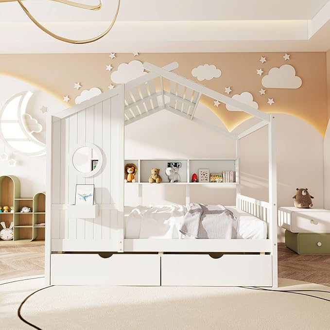 Aoowow Full Size House Bed with Storage Shelves and Drawers, Wood Platform Kids House Bed with Window and Roof for Bedroom, Full Playhouse Bed Frames for Boys Girls, Can be Decorated, White