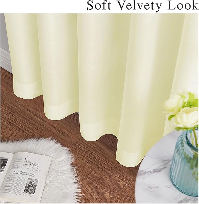 Melodieux Cream Yellow Velvety Semi Sheer Curtains 96 Inches Long for Bedroom, Living Room Natural Cotton Texture Rod Pocket Window Sheer Drapes, 52 by 96 Inch (2 Panels)