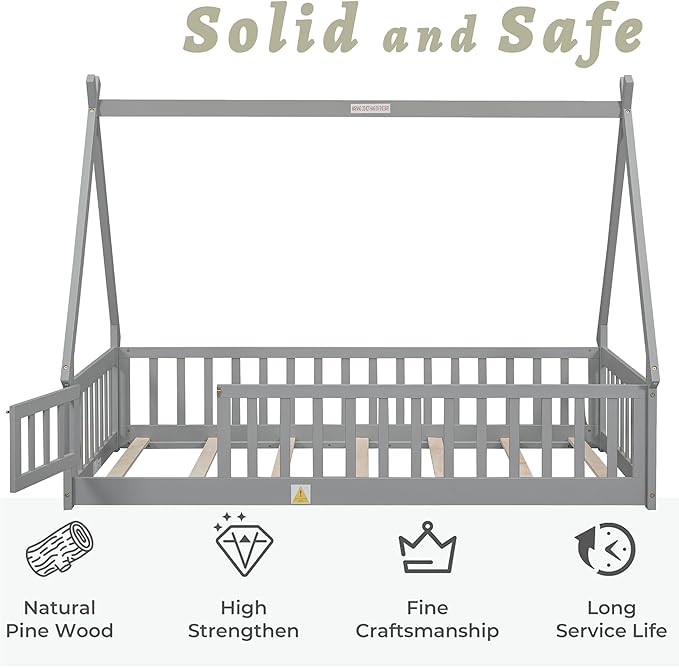 Twin House Bed Frame with Fence Rails and Door,Wood Montessori Floor Bed with Slats Support,Teepee Tent Beds Kids Bed Frames for Girls Boys, Grey