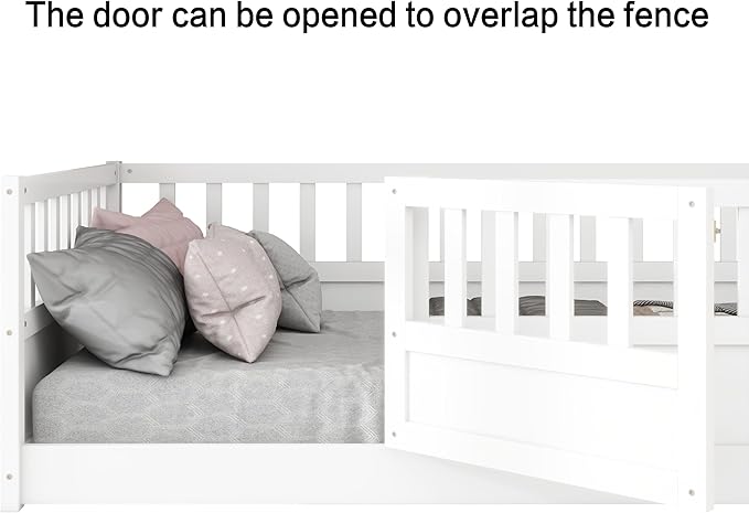 Ball & Cast Full Size Montessori Floor Bed with Baffle Design & Open Door,Toddler Floor Bed Frame W/Fence and High Guardrails,Wooden Playhosue Bed for Girls and Boys,No Box Spring Needed,White