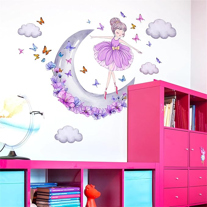 Lovely Purple Moon Girl and Clouds Butterfly Wall Stickers, sacinora Art Wall Decals Removable Vinyl Peel and Stick for Nursery Kids Baby Living Room Children's Room Bedroom Decorations