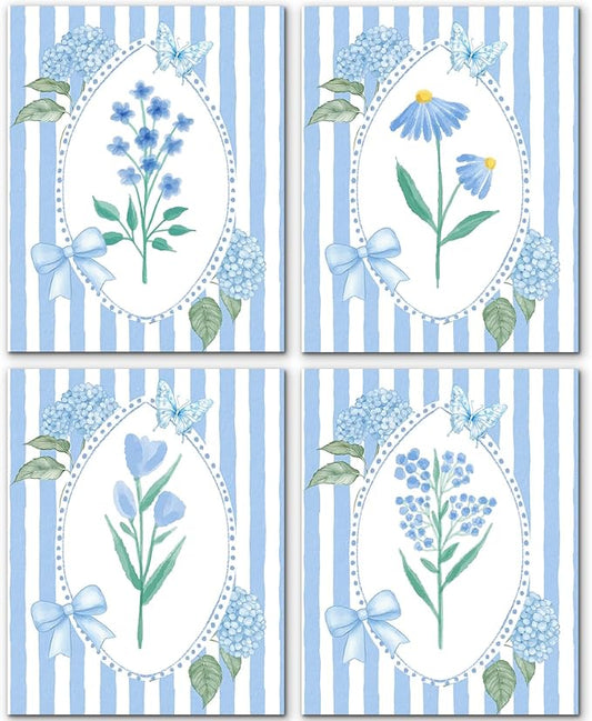 JINYO Blue Coquette Bow Floral Wall Art Prints Set of 4, Preppy Room Decor, Cottagecore Blue Wildflowers Hydrangea Botanical Posters Pictures Wall Decor for Girls Bedroom Home Dorm, 8x10 Unframed
