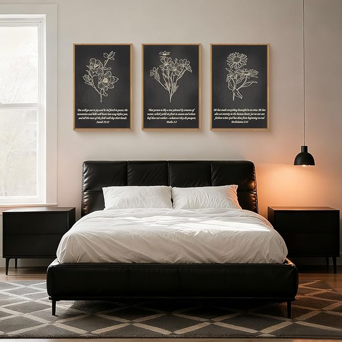 FWIEXA Black Christian Bible Verse Canvas Wall Art Set of 3, Minimalist Scripture Wall Decor, Religious Beige Abstract Floral Painting, 16x24In Vintage Artwork for Living Room,Bedroom,Prayer Room