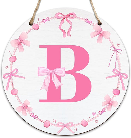 Monogram Round Sign For Front Door, Cherry Bow Theme Sign For Porch Art Wall Door, Initial Signs Hanging Ornament For Indoor Outdoor, Decorations Gifts For Four Seasons Rustic Home Kitchen, B, A02