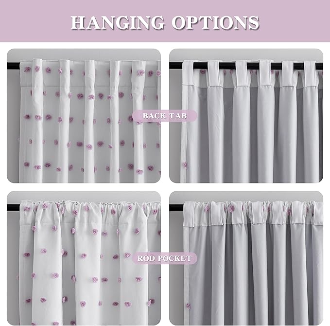 MYSKY HOME Total Blackout Curtains for Girls Bedroom with Purple Pom Pom Sheer 90 Inch Long 100% Light Blocking Curtains for Living Room 2 Panels Room Darkening Back Tab Double Layer Drapes 52" x 90"