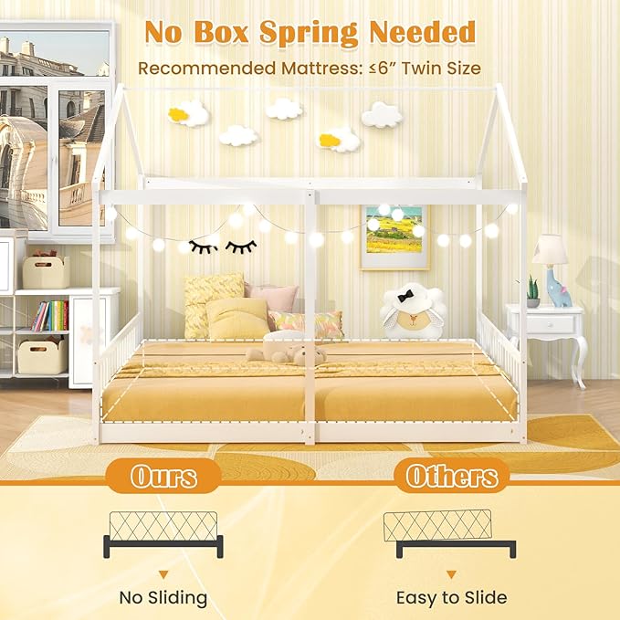 Giantex Double Twin Floor Beds for 2 Kids, Wood Montessori Bed with Fence & Roof, Wooden Slat Support, Easy Assemble, No Box Spring Needed, for Twins, Girls, Boys, White