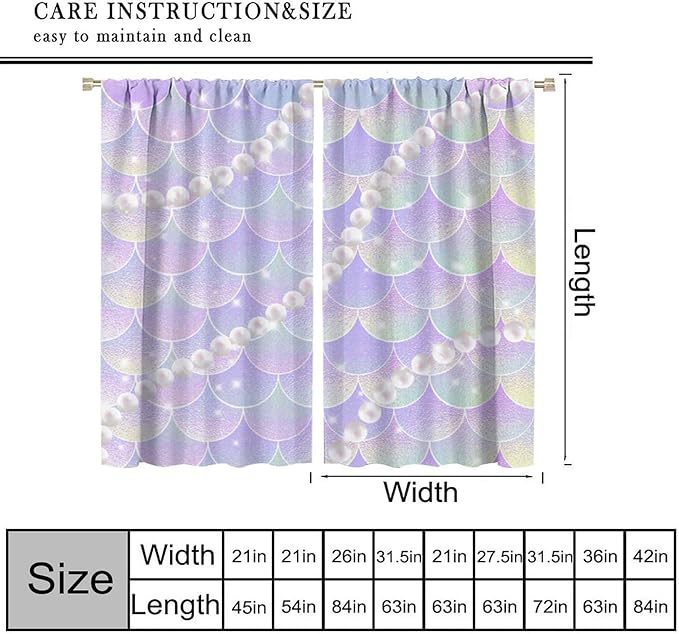 Mermaid Curtains, Gradient Color Pink Purple Pearl Ocean Theme Mermaid Fish Scale Print Decoration Suitable for Children Girls Bedroom Nursery Curtains 55x63 Inch