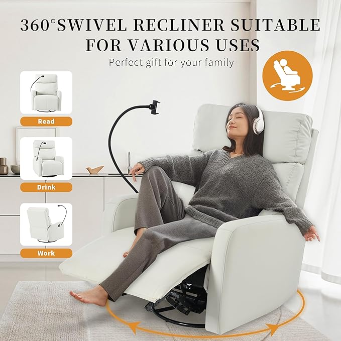 Swivel Rocker Recliner Chair for Nursery, Upholstered 360° Leather-air Glider Rocking Chair with Phone Holder, Manual Small Recliners for Small Spaces Living Room
