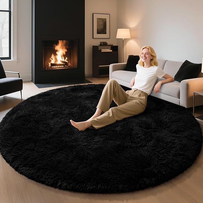 EVOIONOS Black Round Rug for Living Room, 6x6 Ft Fluffy Soft Circle Area Rugs for Bedroom, Plush Shaggy Circular Carpet for Indoor Floor Bedside Kids Nursery, Machine-Washable Home Decor Aesthetic