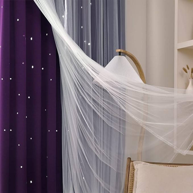 Kinryb Star Cutout Blackout 95 Inches Curtains Double Layer with Sheer Overly Curtains for Bedroom Thermal Insulated Window Treatment Set with 2 Free Tiebacks (52W x 95L 2 Panels Purple)