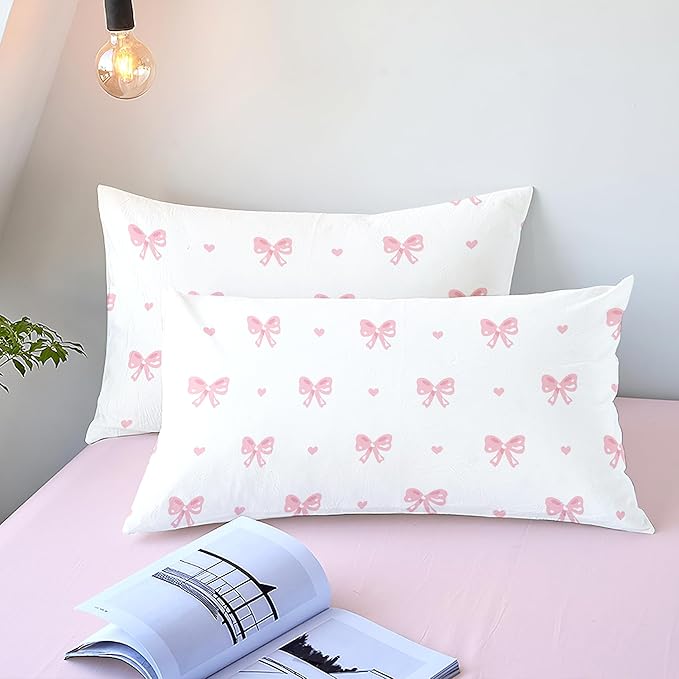 Pink Bow Duvet Cover Queen Size Striped Bedding Set Kids Boys Girls 3 Pieces Princess Style Stripe Bowknot Reversible Coquette Soft Microfiber Duvet Cover Set with 2 Pillowcases