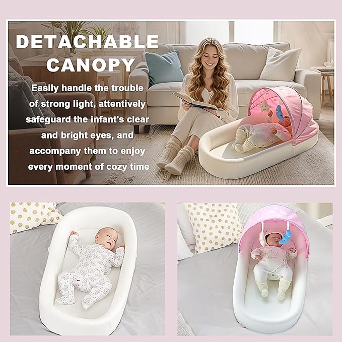 Portable Newborn Nest Lounger-Travel Bassinet,with Canopy & Mosquito Net-Lightweight Foldable Lounger Cotton Cover & Supportive Mattress Washable and Indoor-Outdoor Use (Pink)