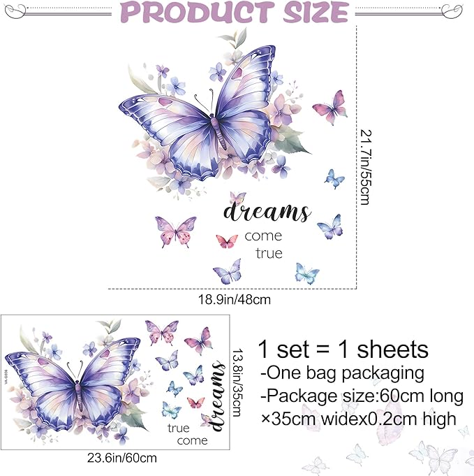 Purple Butterfly Wall Decals Removable Butterfly Flower Wall Stickers Peel and Stick Butterflies Wall Decor Stickers for Kids Girls Bedroom Nursery Bathroom Decorations VA-G006