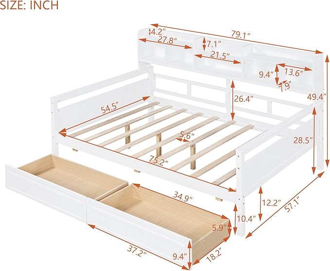 Harper & Bright Designs Full Daybed with Storage, Wooden Full Size Bed Frame with Bookcase Headboard and 2 Drawers, Full Sofa Bed with Shelves for Living Room Bedroom, No Box Spring Need, White