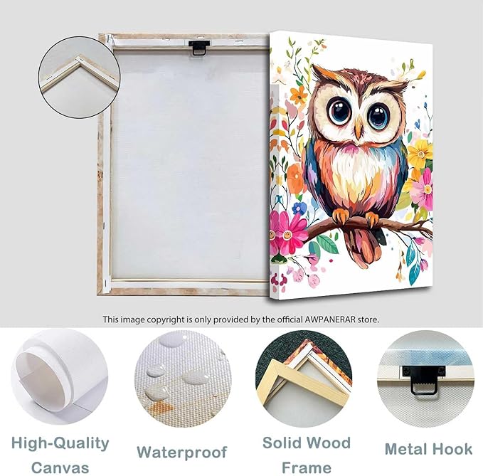 AWPANERAR Owl Canvas Wall Art Watercolor Owl Picture Prints Colorful Flower Painting Cute Animals Poster for Nursery Kids Room Decor Framed (24L x 16W)