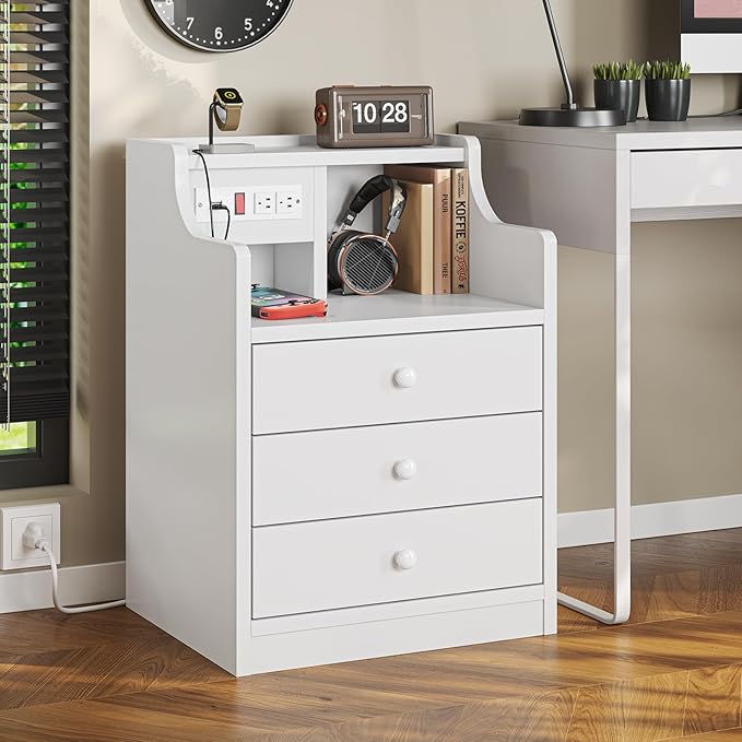 ADORNEVE Night Stand Set 2,White Nightstand with Charging Station & Hutch,Night Stands for Bedrooms Set of 2,Bedside Table with Drawers
