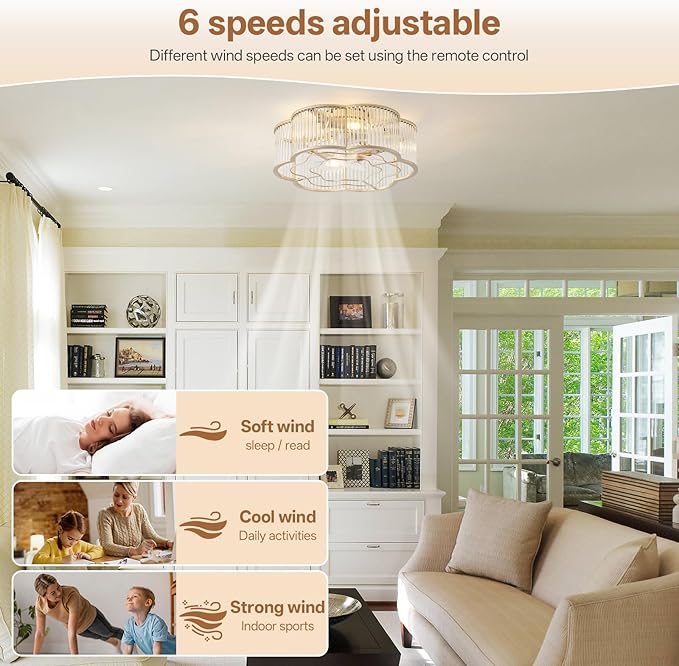20" Gold Ceiling Fans with Lights Flush Mount, Gold Crystal Ceiling Fan with Light Remote Control, Mid-Century 6 Speeds for Bedroom, Living Room, Nursery