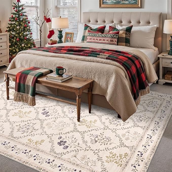 YIHOUSE Beige Floral Print Rugs, Moroccan Trellis 9x12 Washable Large Rug, Modern Pastel Non Slip Ultra-Thin Area Rug for Classroom, Nursery Playroom,Dorm,Bedroom,Living Room, Beige Multi